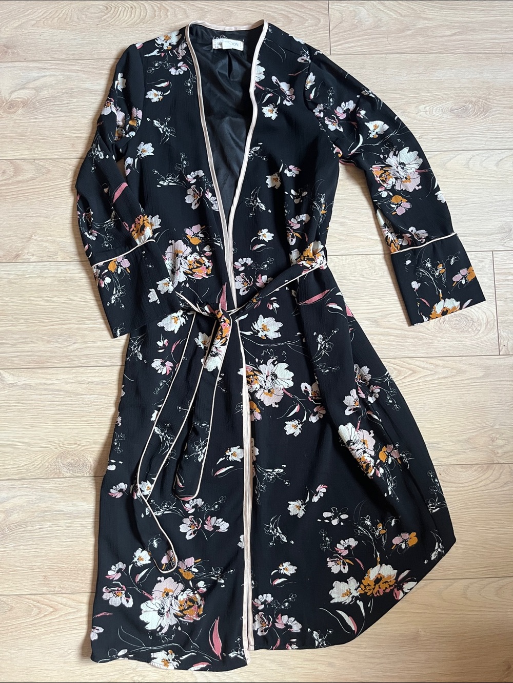 Floral Satin-Trim Robe - Black with Pink & White Flowers